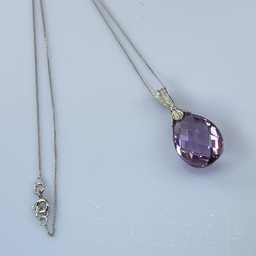 9ct White Gold Large Faceted Amethyst (20.00ct) Drop Pendant Necklace View XI