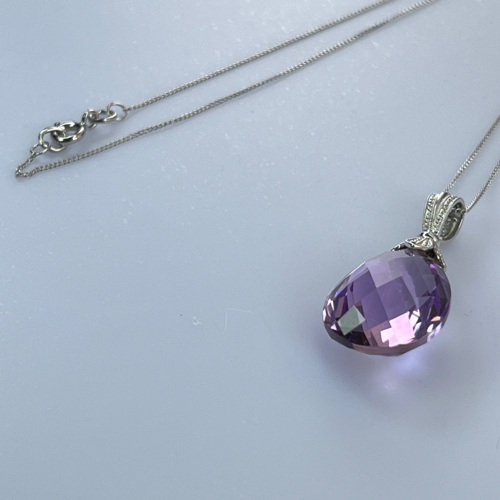 9ct White Gold Large Faceted Amethyst (20.00ct) Drop Pendant Necklace View XII