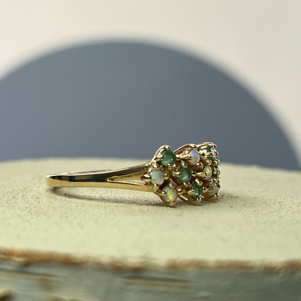 9ct Gold Unusal Emerald & Opal Cluster Ring View III