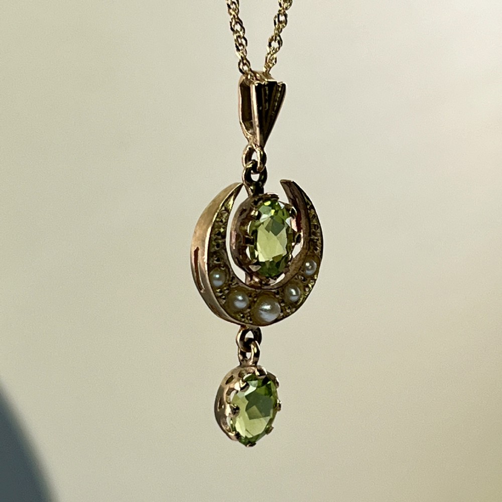 9ct Gold Peridot Moon & Stars Seed Pearls Peridot Lavaliere Drop Pendant Necklace View VII