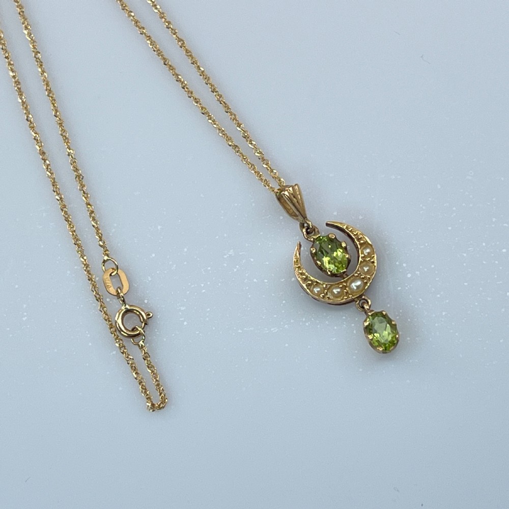 9ct Gold Peridot Moon & Stars Seed Pearls Peridot Lavaliere Drop Pendant Necklace View X