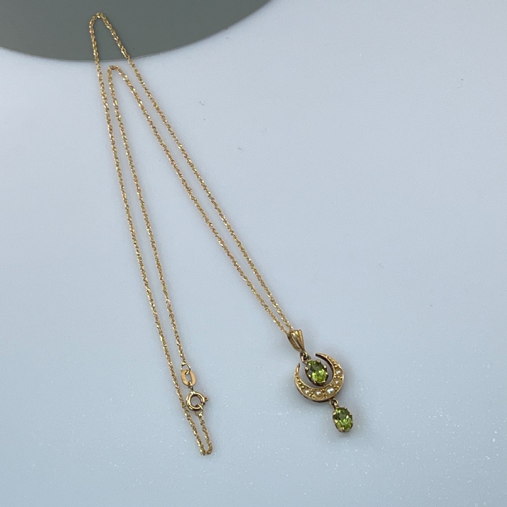9ct Gold Peridot Moon & Stars Seed Pearls Peridot Lavaliere Drop Pendant Necklace View XI