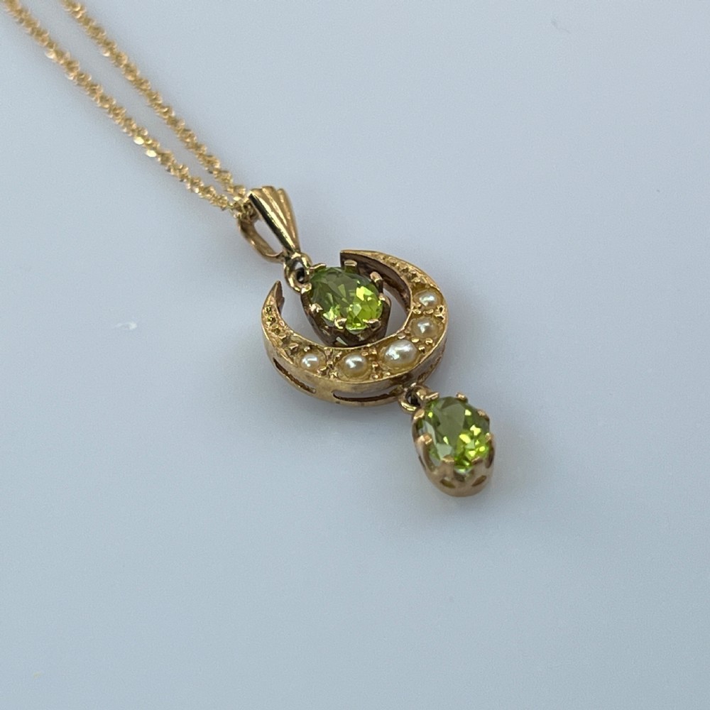9ct Gold Peridot Moon & Stars Seed Pearls Peridot Lavaliere Drop Pendant Necklace View XII