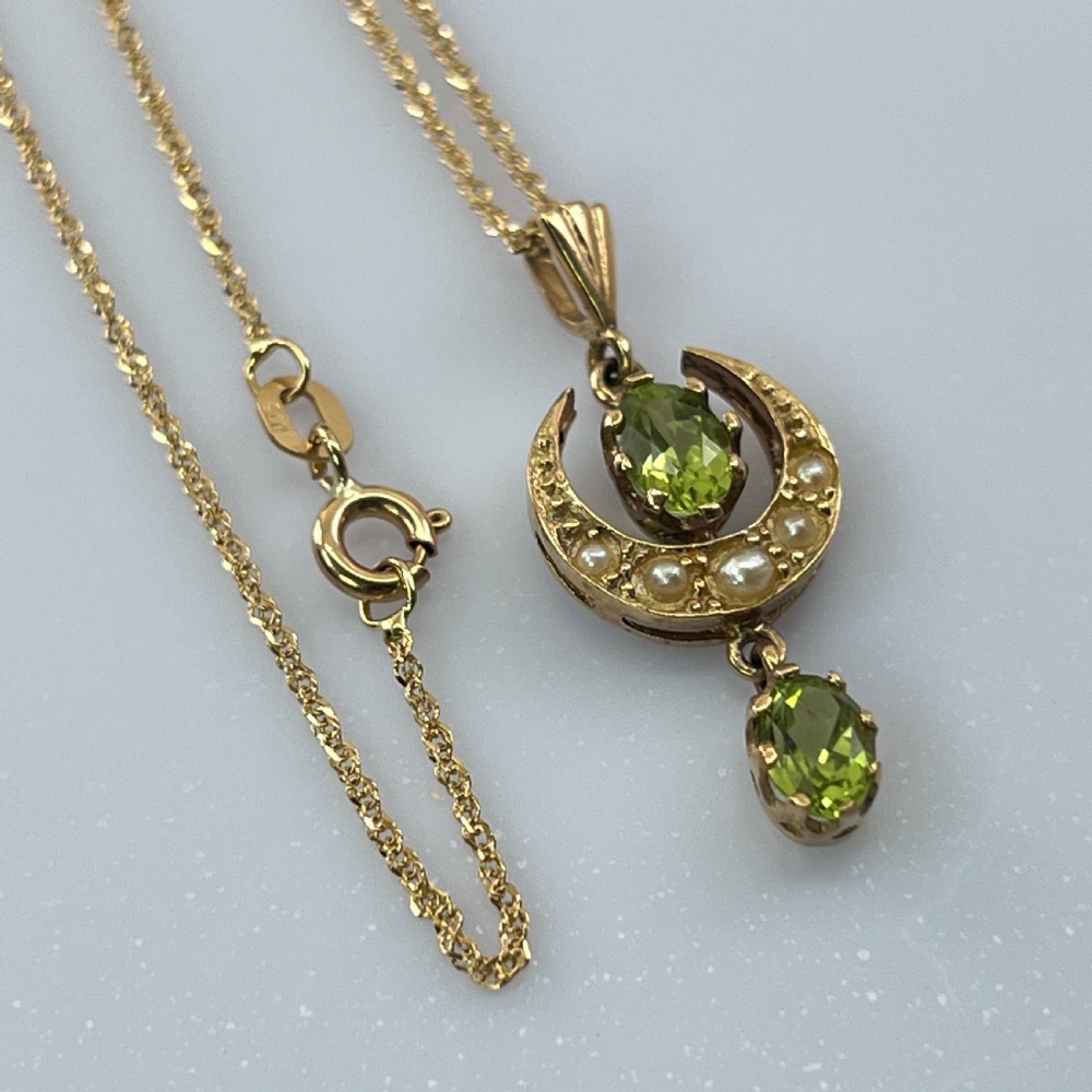 9ct Gold Peridot Moon & Stars Seed Pearls Peridot Lavaliere Drop Pendant Necklace View XIII