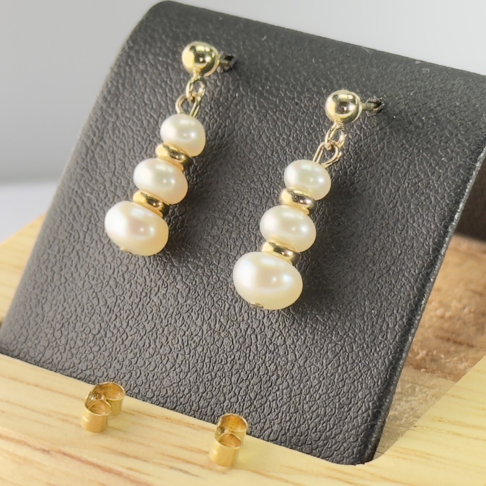9ct Gold Triple Pearl Drop Stud Earrings 