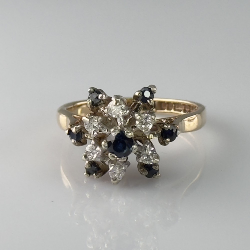 9ct Gold Diamond & Sapphire Starburst Cluster Ring