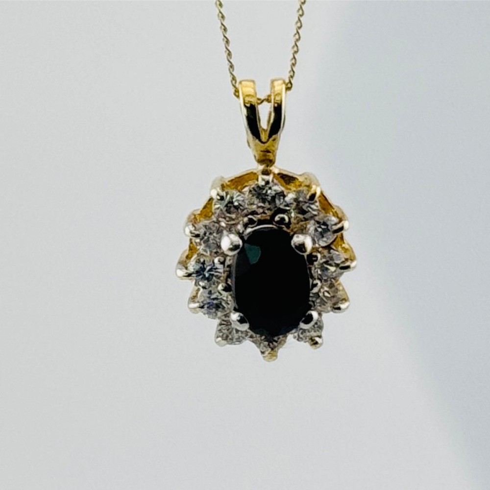 9ct Gold Sapphire & Diamond Cluster Pendant Necklace
