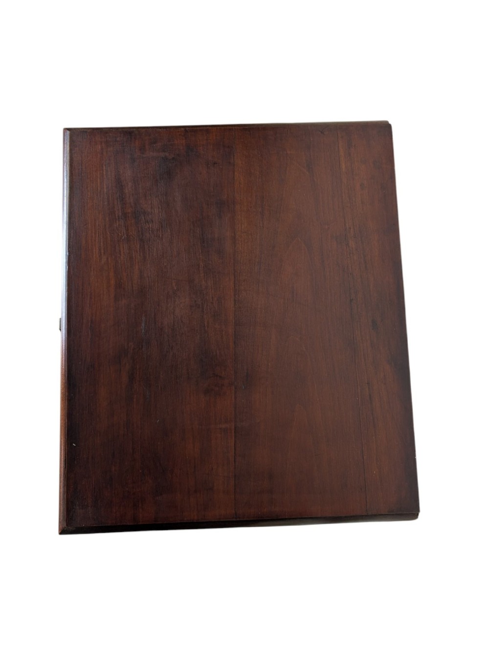 A dark brown walnut Art Deco bedside cabinet featuring a top drawer, an open central shelf, a cupboard door with geometric veneer inlay, and hexagonal metal knobs. View VIII