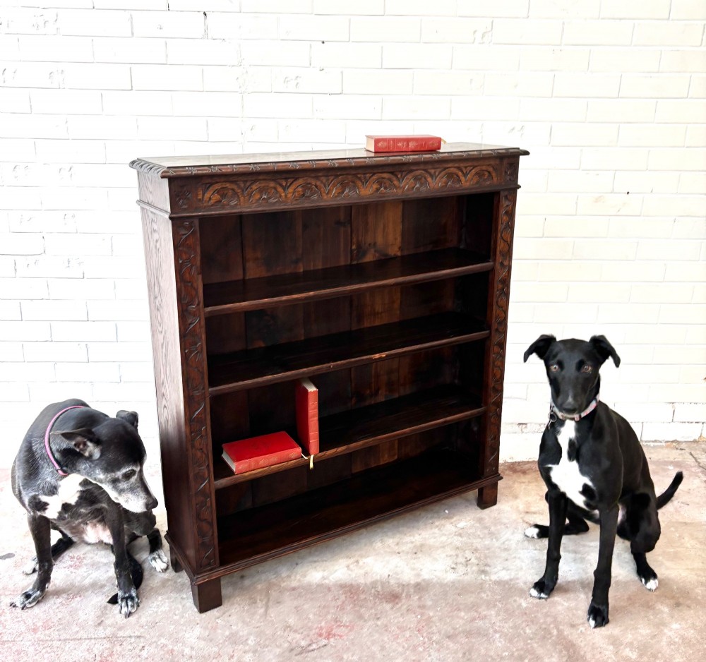 A low dark oak open bookcase featuring detailed lunette carving along the upper frieze and carved foliate borders down the upright sides. View II