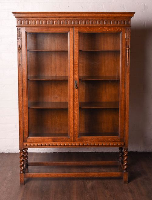 Oak Two Door Barley Twist Bookcase Cabinet