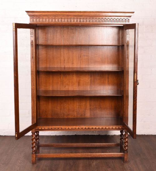 fig 1. Oak two door Barley twist bookcase cabinet
