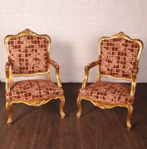 Pair of Gilt Wood Arm Chairs