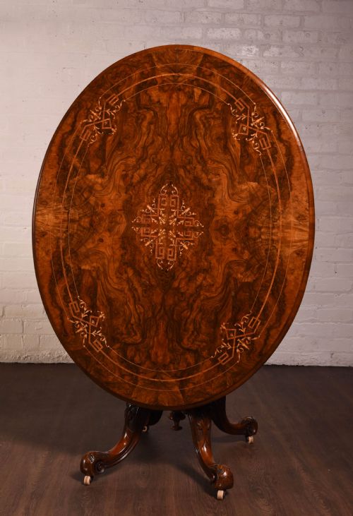Stunning Figured Walnut Inlaid Oval Snap Top Loo Table
