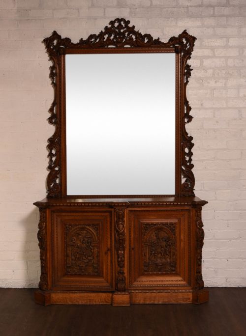 Impressive Carved Oak Console Cabinet with Mirror