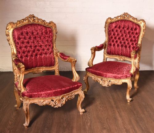 Stunning Pair of Carved Gilt Wood Arm Chairs