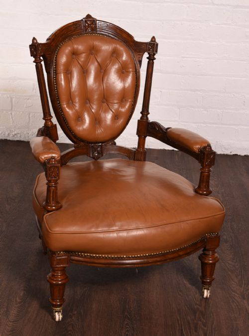 Victorian Solid Carved Walnut Leather Button Back Chair