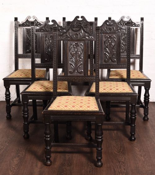 Set of 6 Carved Dark Oak Chairs by John Taylor of Edinburgh