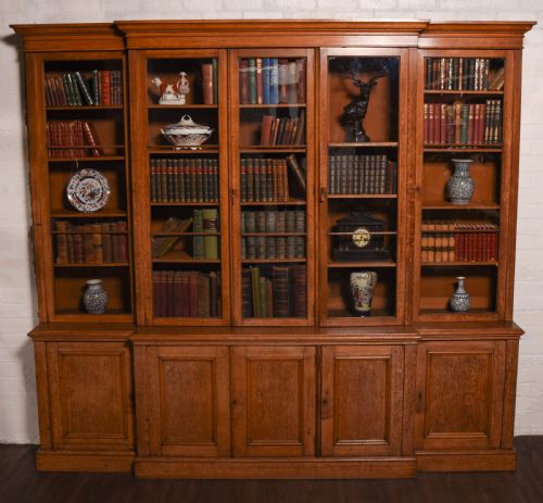 Impressive Large Victorian Oak Five Door Breakfront Library Bookcase