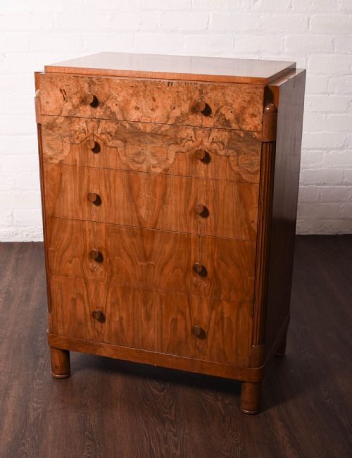 Quality Walnut Art Deco 5 Drawer Chest of Drawers by Wylie & Lochhead of Glasgow