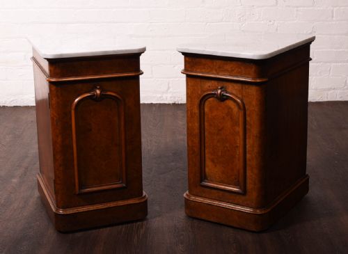 Pair of Victorian Burr Walnut Bedside Cabinets with Carrara Marble Tops