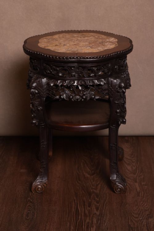 Chinese Carved Hard Wood Marble Top Stand