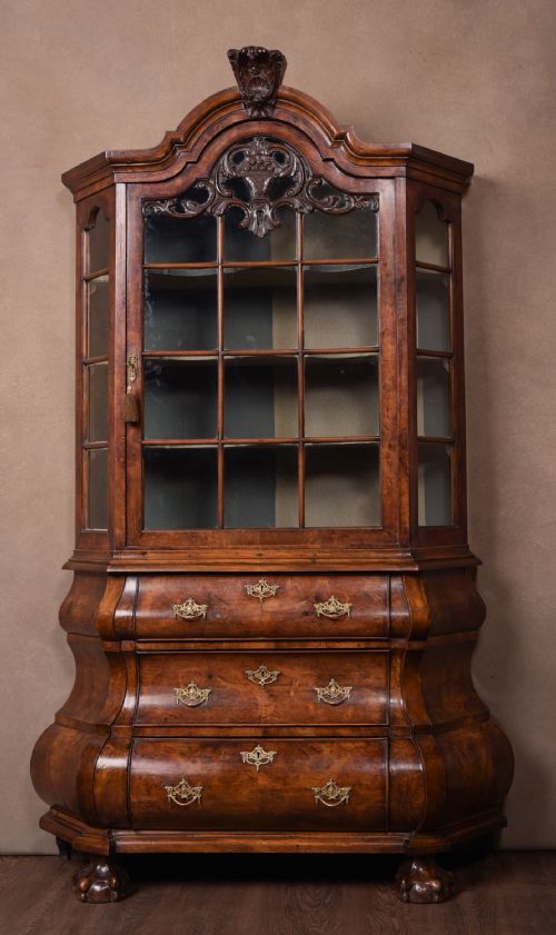 Stunning Walnut Dutch Bombe 2 Part Display Cabinet