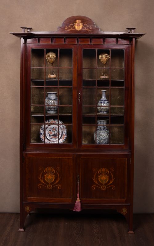 Stunning Quality Mahogany Marquetry Arts and Crafts Display Cabinet