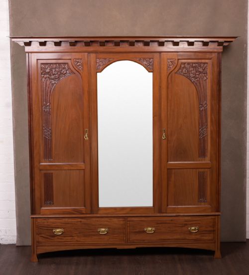 Stunning Walnut Art Nouveau Triple Mirror Door Wardrobe