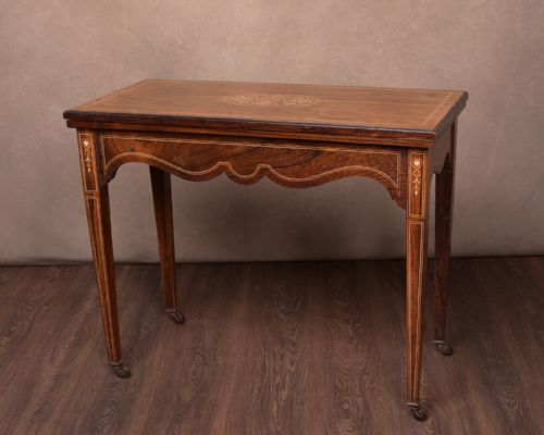 Edwardian Marquetry Inlaid Rosewood Fold Over Card Table