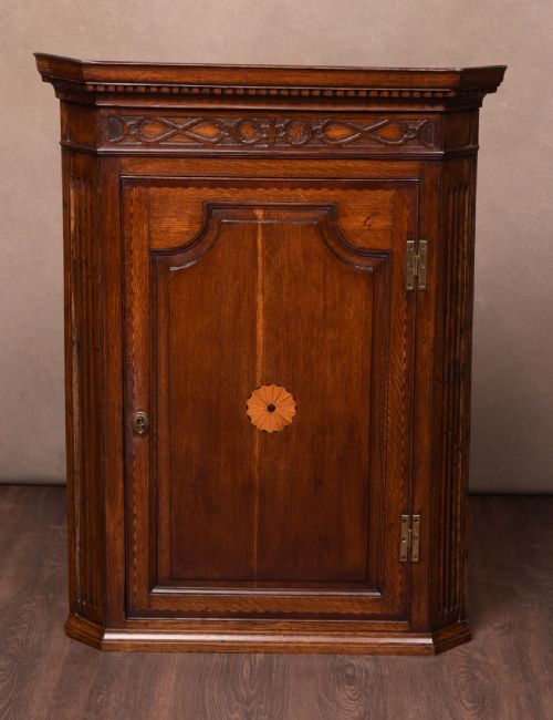 Georgian Inlaid Oak Hanging Corner Cabinet
