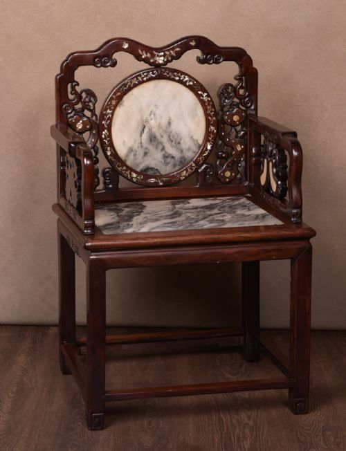 19th Century Chinese Marble Inset Mother-of-pearl Inlaid Arm Chair