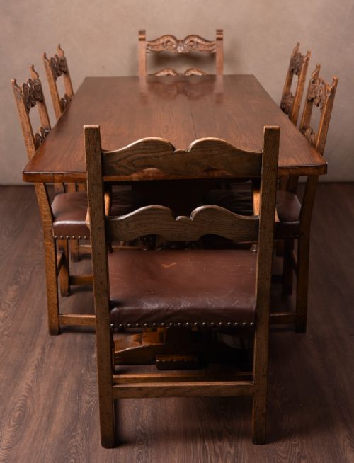 Edwardian Carved Oak Refectory Table and 6 Chairs