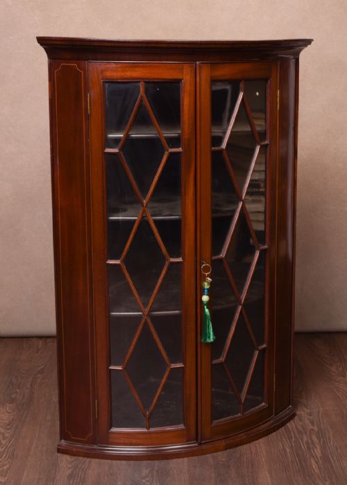19th Century Inlaid Mahogany Bow Fronted Hanging Corner Cabinet