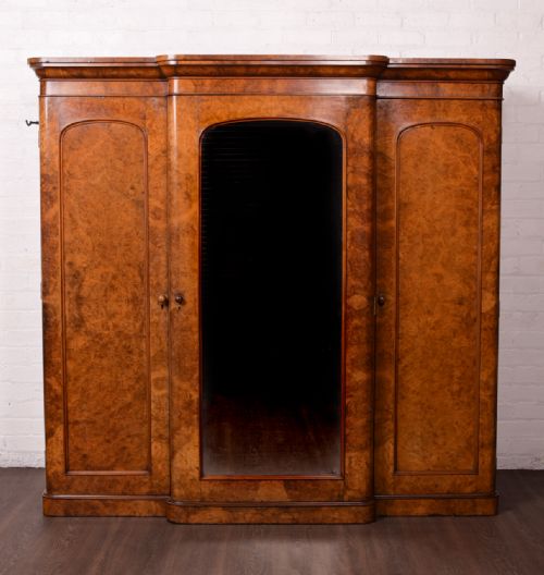 Victorian Breakfronted Burr Walnut Mirror Door Wardrobe