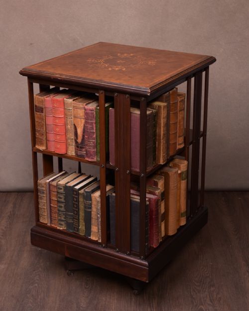 Quality Edwardian Inlaid Plum Pudding Mahogany Revolving Bookcase