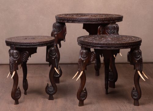 Late 19th Century Carved Indian Set of 3 Tables