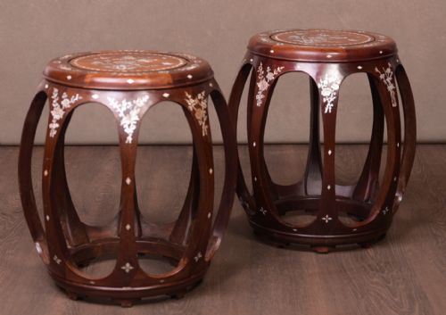 Pair of Inlaid Chinese Barrel Side Tables