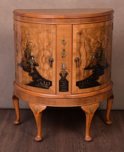 Walnut Chinoiserie Bow Front Cocktail Cabinet