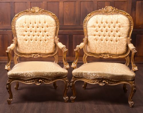 Stunning Pair of Victorian Carved Gilt Wood Arm Chairs