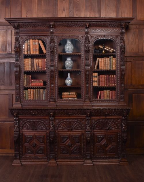 Outstanding Late 19th Century Carved Oak 3 Door Bookcase