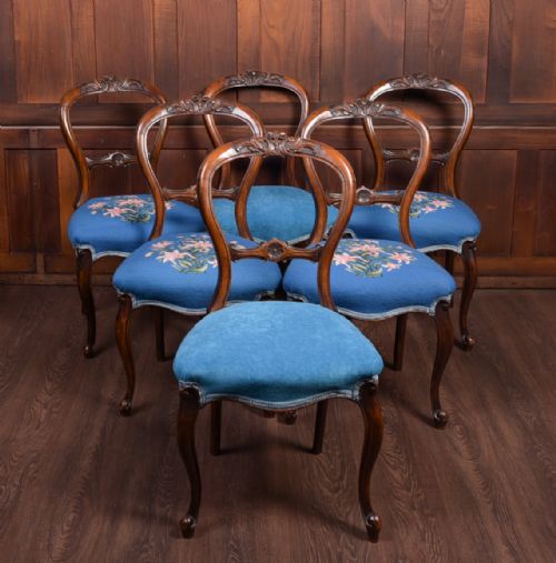 Fantastic Set of 6 Victorian Walnut Balloon Back Dining Chairs