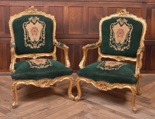 Pair of Victorian Gilt Wood Arm Chairs
