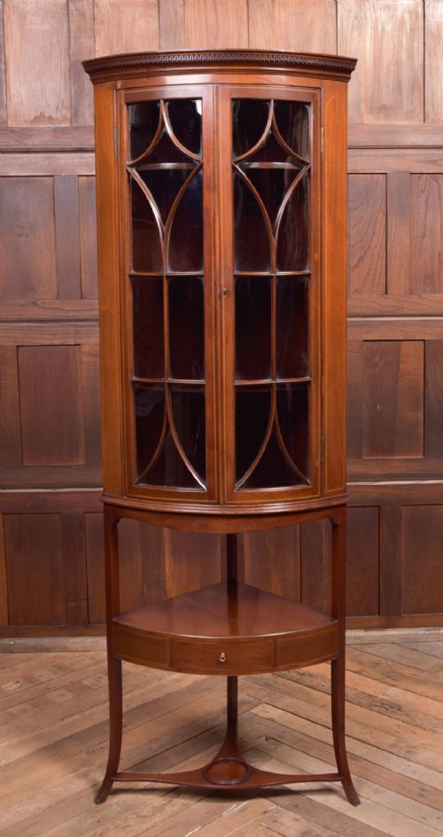Edwardian Bow Fronted Inlaid Mahogany Corner Cabinet