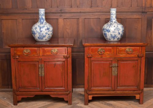 Pair of Chinese Red Lacquered Side Cabinets