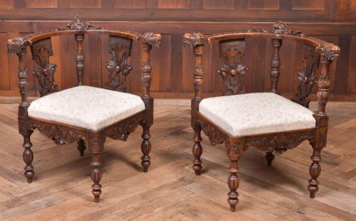 Pair of 19th Century Carved Walnut Corner Chairs
