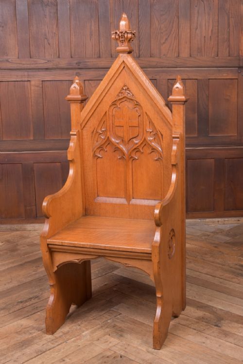 19th Century Honey Oak Gothic Hall Seat