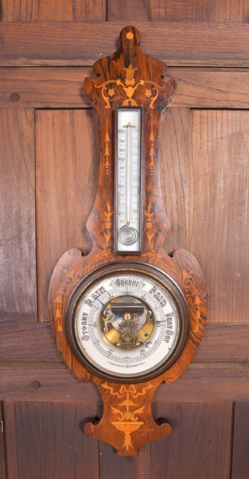 Edwardian Rosewood Marquetry Aneriod Barometer