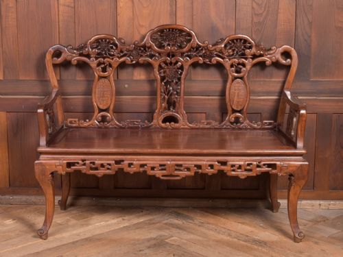 Stunning 19th Century Hardwood Carved Chinese Bench