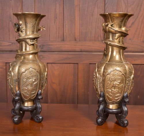 Pair of Edwardian Chinese Brass Vases on Stands