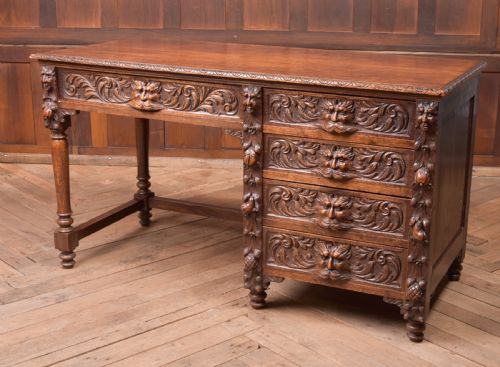 Edwardian Oak Carved Knee Hole Desk